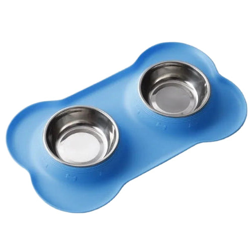 Gamelle double compartiment, avec support plastique antidérapant. Adaptée à tous les petits chiens et les chats. Vendue sur la boutique Mon Petit Chihuahua. Couleur bleu