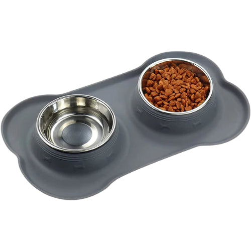 Gamelle double compartiment, avec support plastique antidérapant. Adaptée à tous les petits chiens et les chats. Vendue sur la boutique Mon Petit Chihuahua. Couleur gris