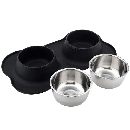 Gamelle double compartiment, avec support plastique antidérapant. Adaptée à tous les petits chiens et les chats. Vendue sur la boutique Mon Petit Chihuahua. Couleur noir