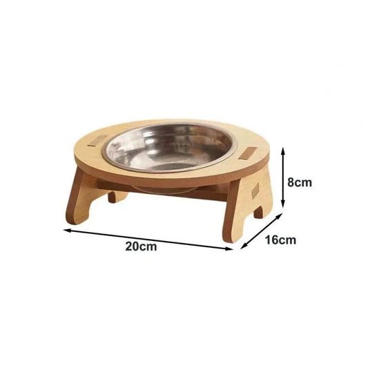 Gamelle simple compartiment, pour croquettes et eau. Adaptée à tous les petits chiens et les chats. Support en bois. Vendue sur la boutique Mon Petit Chihuahua. Vue des dimensions