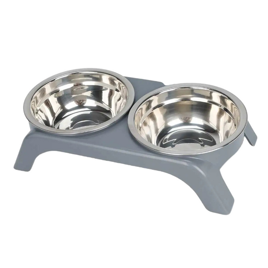 Double gamelle surélevée. Support gris. Adaptée à tous les petits chiens et les chats. Vendue sur la boutique Mon Petit Chihuahua.