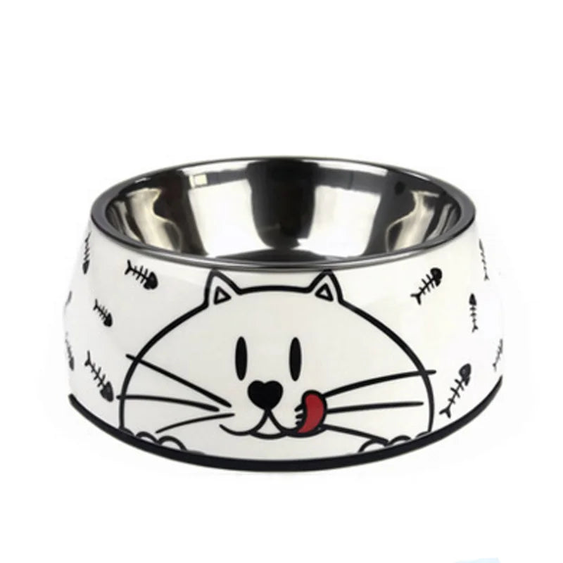 Dog Bowl: White stainless steel with cat motifs