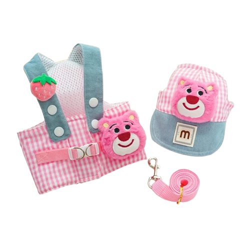 Harnais rose et bleu avec motif nounours pour petit chien avec casquette et laisse assortie. Confortable, convient aux petits chiens, chihuahuas, ou aux chats.