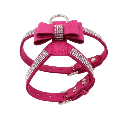 Chihuahua-Geschirr: Fuchsia mit Fliege und Strasssteinen