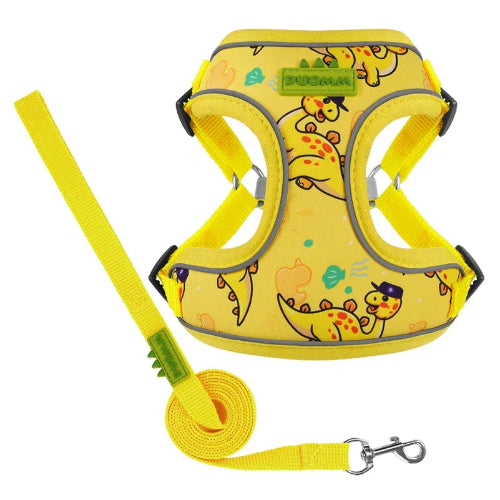 Harnais Chihuahua : Jaune avec motifs Dinosaures + Laisse