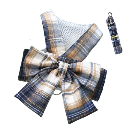 Harnais Chihuahua : Jupe Bleu Marine à Carreaux + Laisse