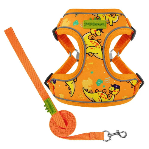 Harnais Chihuahua : Orange avec motifs Dinosaures + Laisse