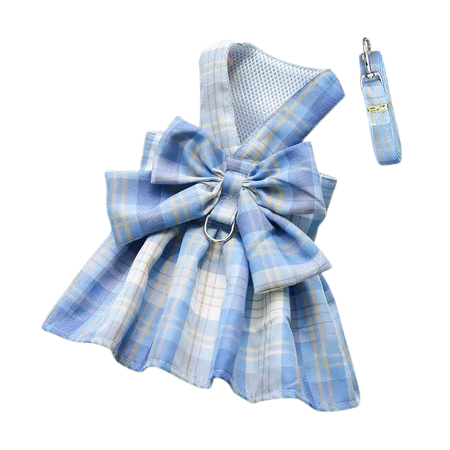 Harnais Chihuahua : Robe Bleue à Carreaux + Laisse