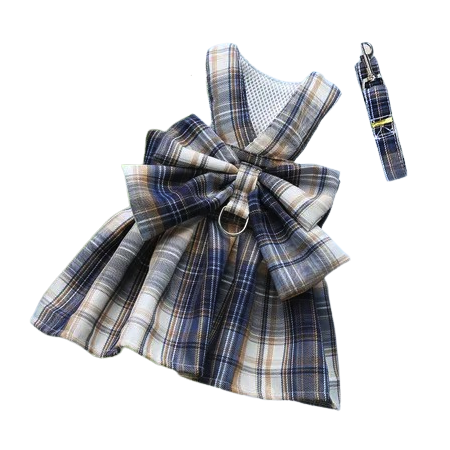 Harnais Chihuahua : Robe Bleue Marine à Carreaux + Laisse