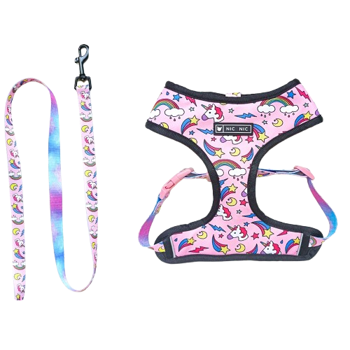 Harnais Chihuahua : Rose motifs Licornes + Laisse