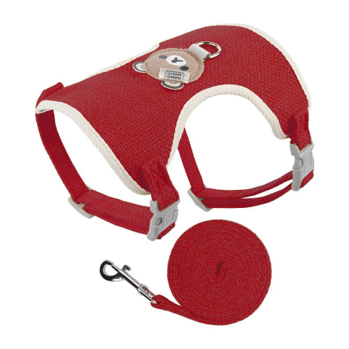Harnais rouge avec motif nounours et sa laisse assortie pour petit chien. Réglable et confortable, convient aux petits chiens, chihuahuas, ou aux chats.