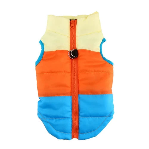 Chihuahua-Mantel: Beige-Orange-Blaue Daunenjacke