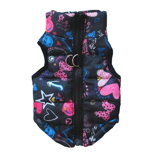 Chihuahua Coat: Black Down Jacket with Pink &amp; Blue Pattern