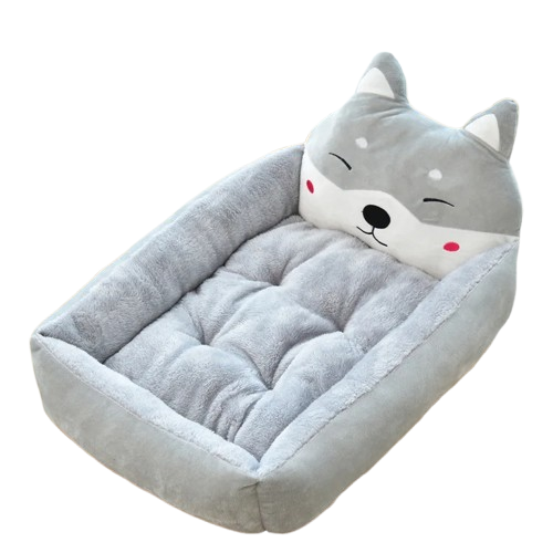 Niche grise style panière avec tête de shiba pour Chihuahua – Confort maximal avec intérieur moelleux, parfait pour les petits chiens ou chats