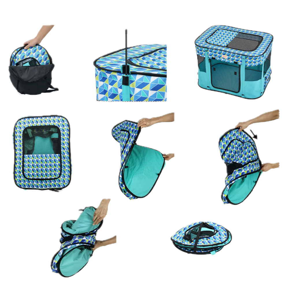 Niche pour Chihuahua : Parc pliable rectangulaire bleu avec toit. Pratique pour rassurer votre petit chien ou chat lors de vos voyages avec une niche qu'il connait. Manuel d'utilisation