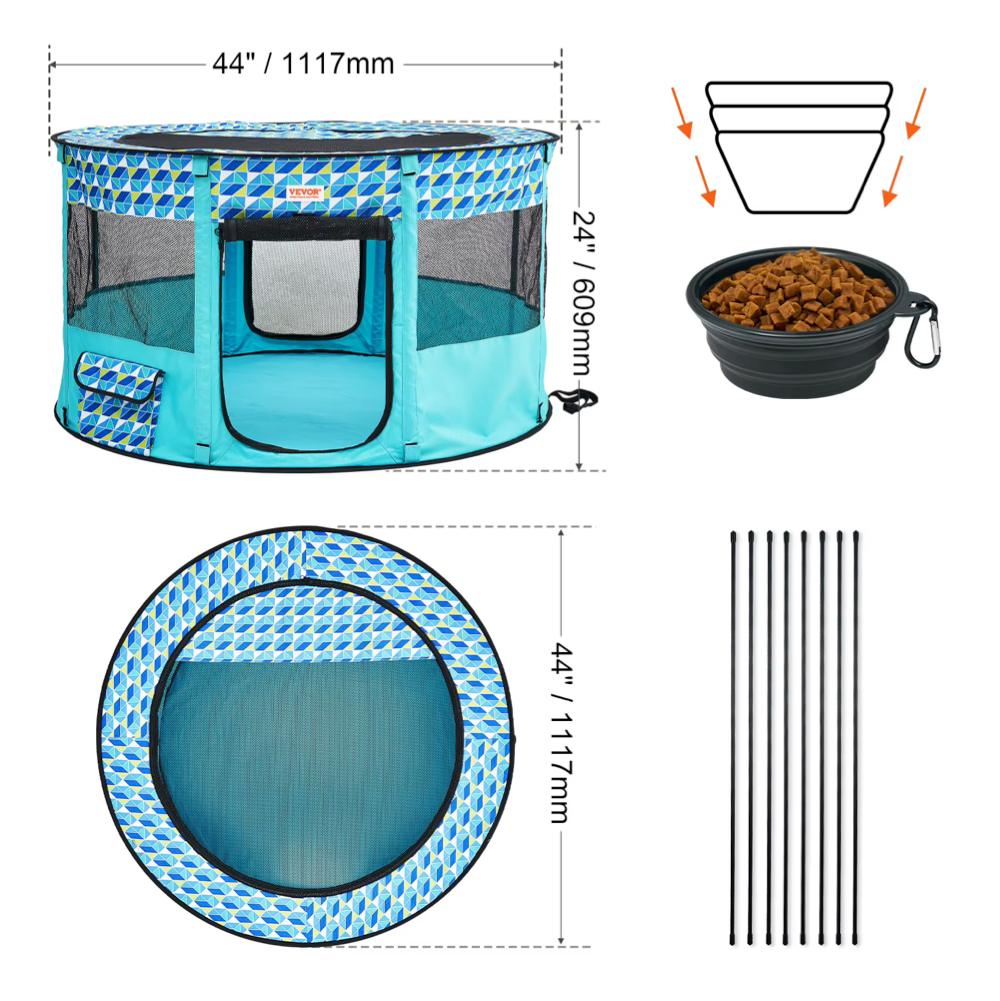 Niche pour Chihuahua : Parc pliable ronde bleu avec toit. Pratique pour rassurer votre petit chien ou chat lors de vos voyages avec une niche qu'il connait. Détail des dimensions