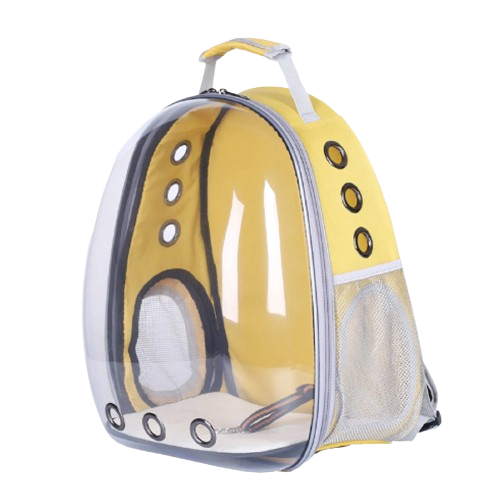 Sac à dos jaune et bulle transparente pour transporter votre Chihuahua - confrotable pour emmener votre petit chien ou chat - vue de côté