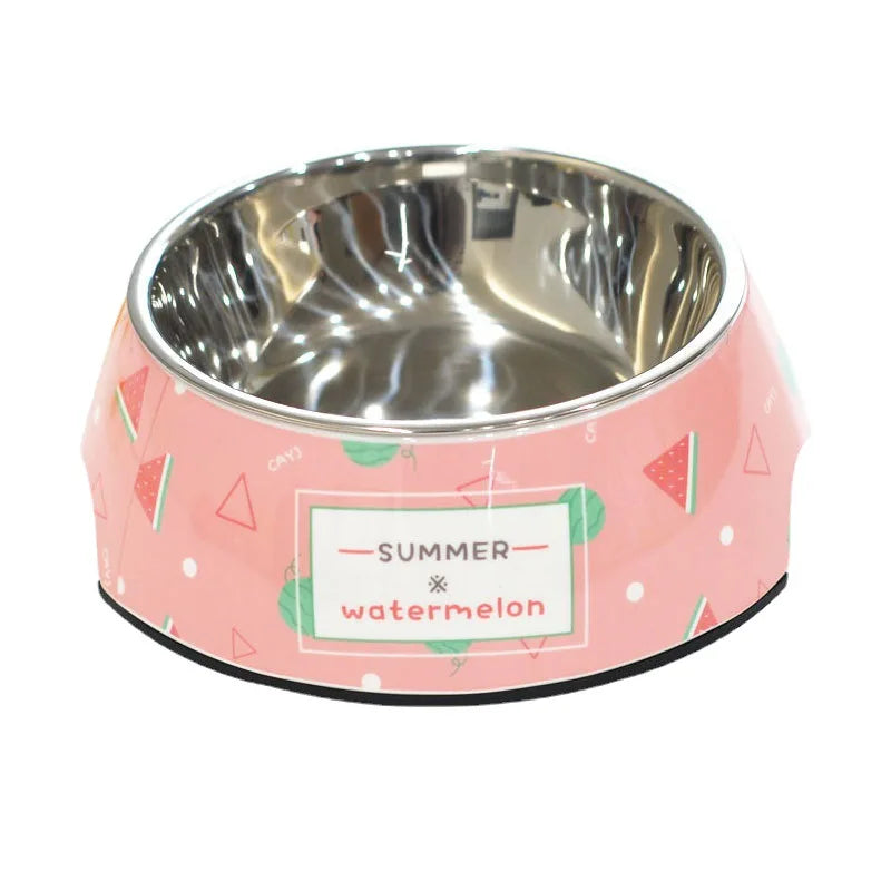Dog Bowl: Pink stainless steel with watermelon pattern