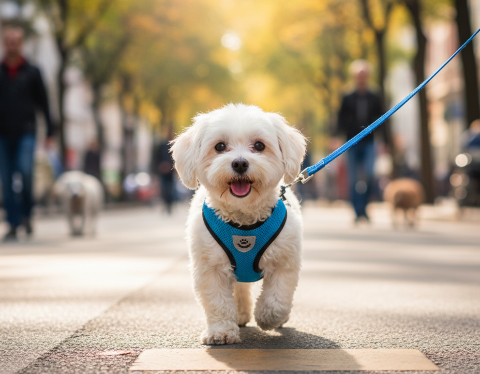 Photo d'un petit chien qui porte un harnais pendant une balade. Illustration d'un article de blog publié sur la boutique Mon Petit Chihuahua. Thème de l'article : "Harnais ou collier pour petits chiens : que choisir ?"
