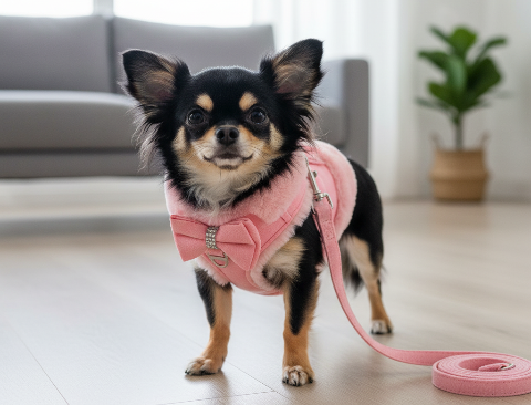 Photo d'un chihuahua qui porte un harnais pendant une balade. Illustration d'un article de blog publié sur la boutique Mon Petit Chihuahua. Thème de l'article : "Harnais ou collier pour petits chiens : que choisir ?"