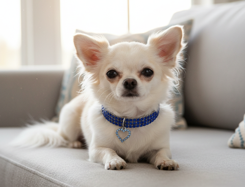 Photo d'un chihuahua qui porte un collier bleu avec un pendentif en forme de coeur, sur un canapé. Illustration d'un article de blog publié sur la boutique Mon Petit Chihuahua. Thème de l'article : "Harnais ou collier pour petits chiens : que choisir ?"