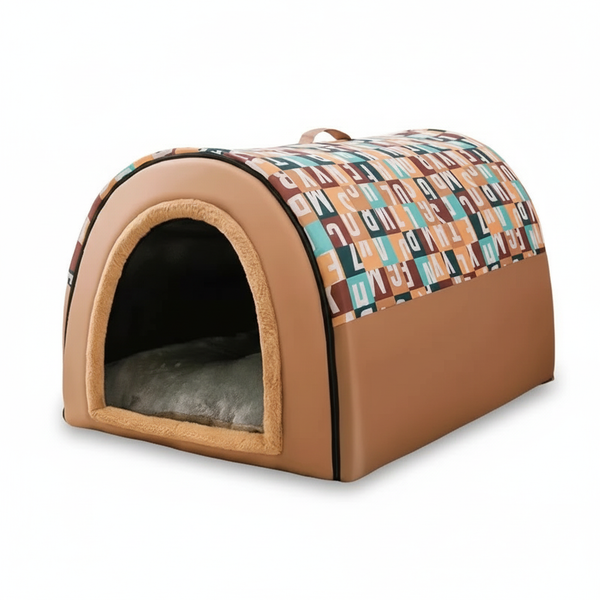 Kleine Hundehütte: Braun mit Alphabetmuster